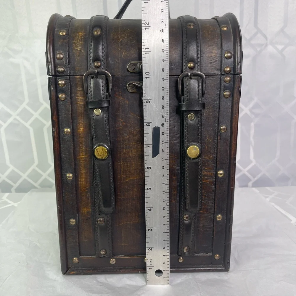 Vintage Style Wooden Wine Carrier Trunk Tooled Leather Straps Large Gift Box